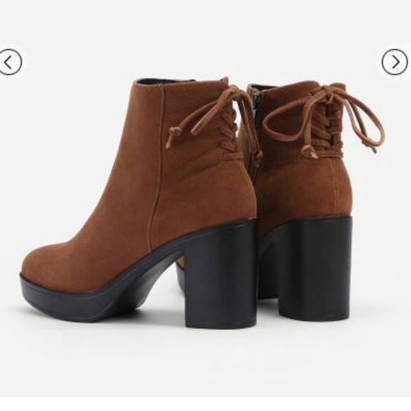 Shoes - Lace Up Back Block Heeled Boots Brown